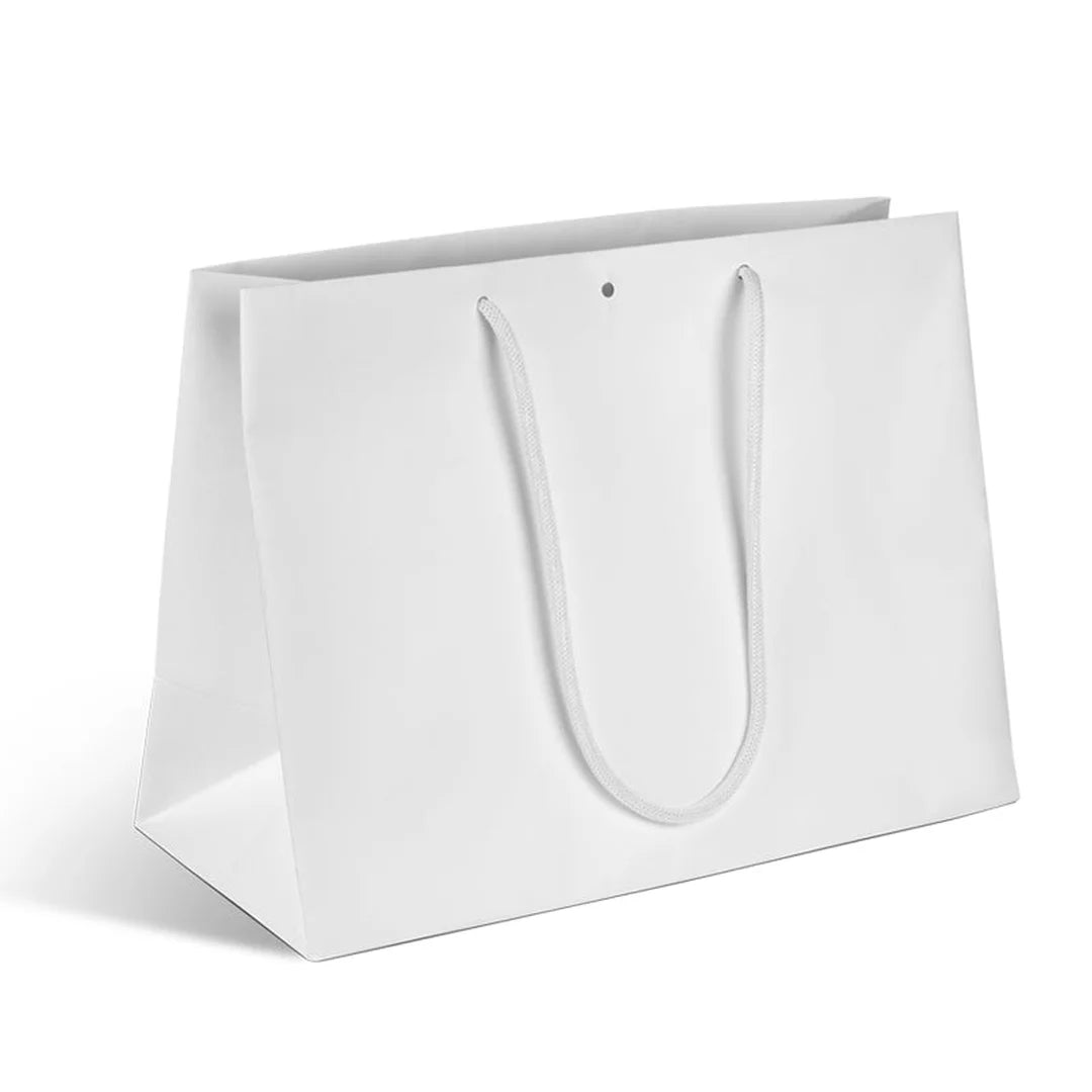 Sac papier luxe blanc mat recyclé pour boutique professionnelle — vue horizontale