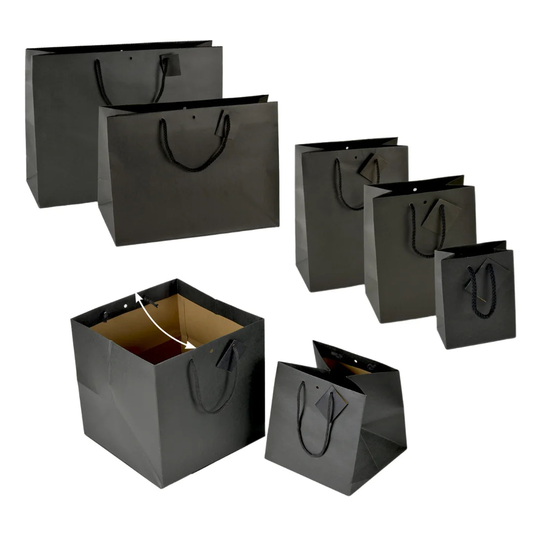 Les 7 formats du sac papier luxe noir intense, du sachet bijoux au grand cabas textile