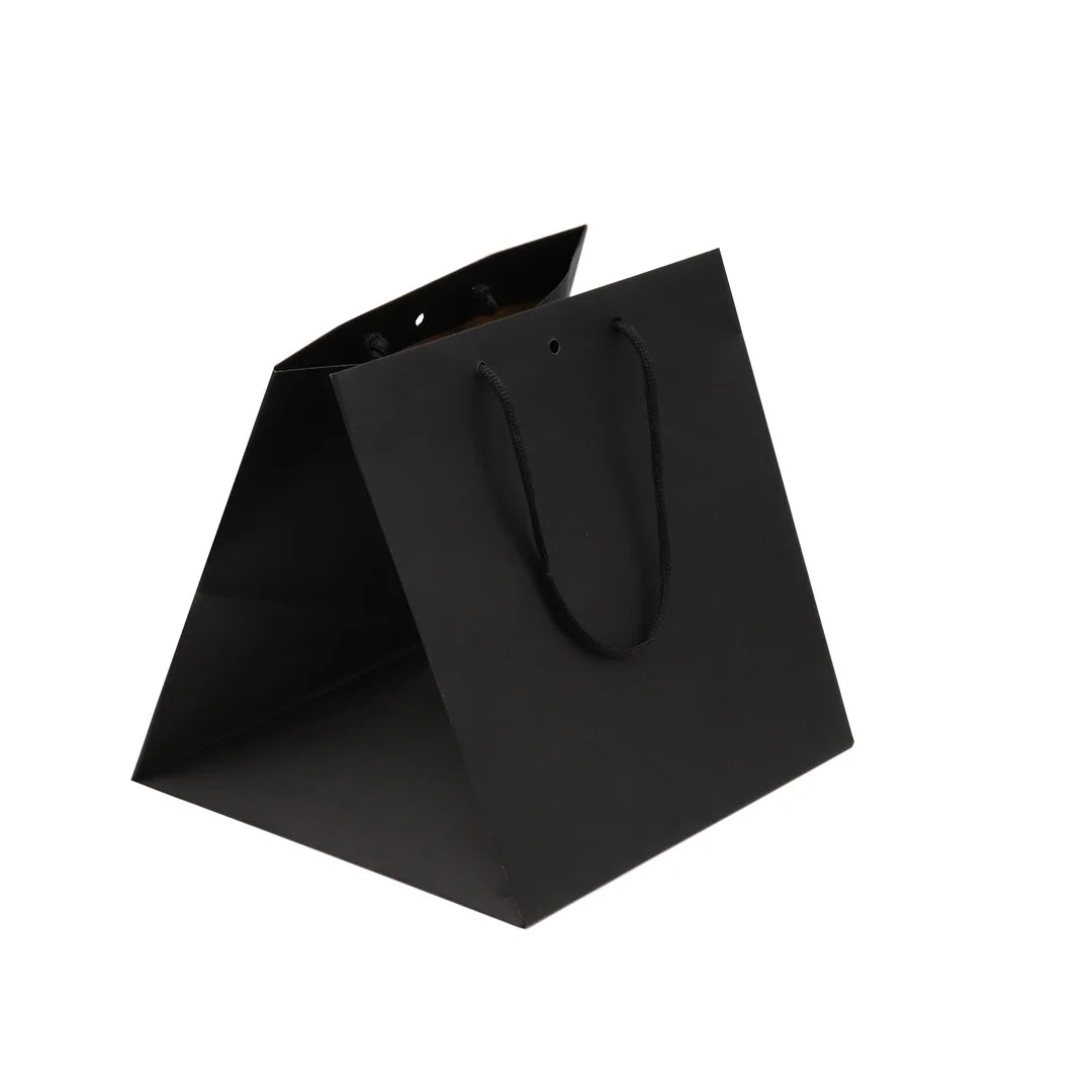 Sac papier luxe noir intense format cube, kraft 175 g/m² avec fond cartonné et poignées tressées