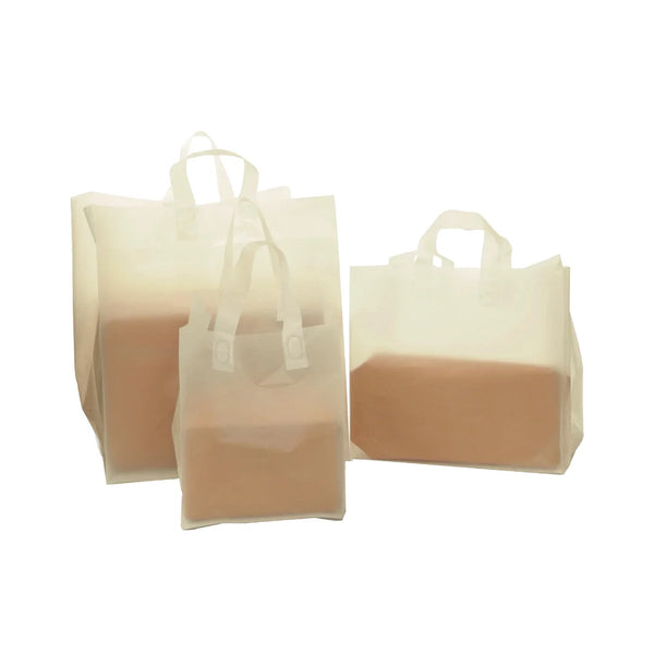 Sac plastique givré PEHD translucide avec poignées souples et fond plat cartonné — 3 formats professionnels