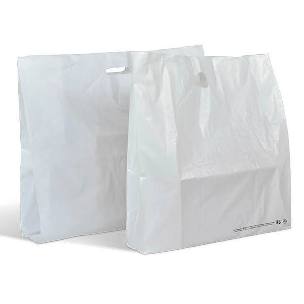 Sac plastique PEHD blanc à poignées découpées 50µ pour commerce – formats Jumbo et Super Jumbo