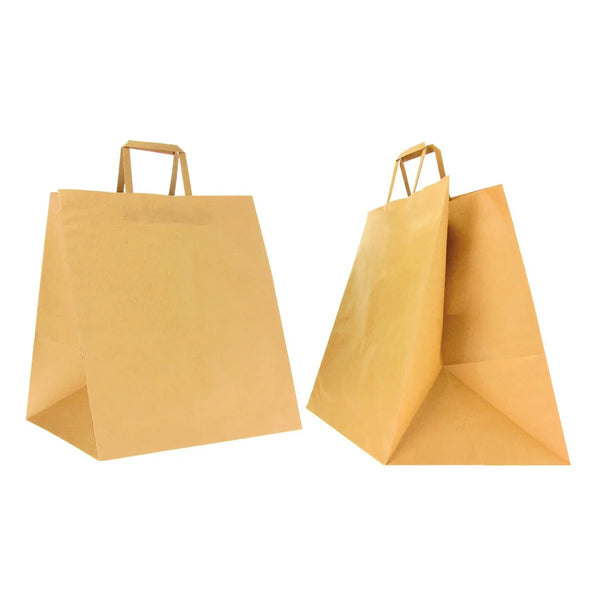Sac traiteur papier kraft brun fond large 36+30x36 cm, poignées plates, 120 g/m², usage professionnel restauration