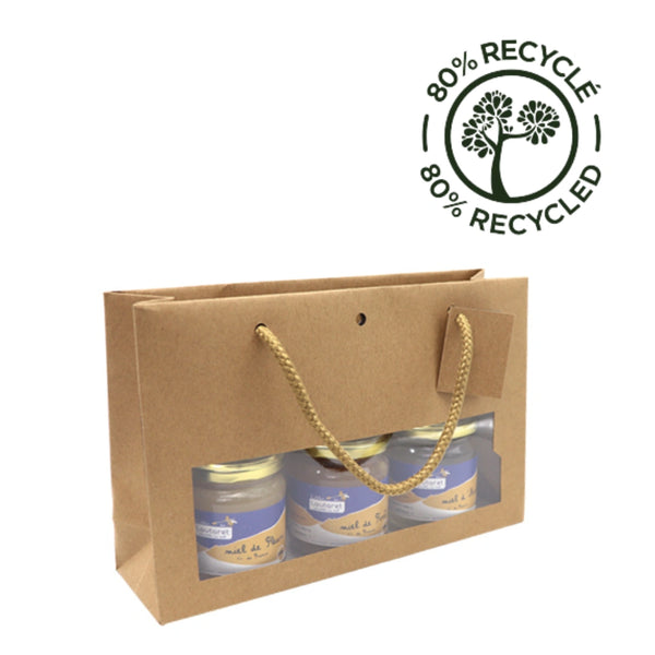 Confiturier vitrine kraft brun avec fenêtre, 175 g/m², poignées cordelières et fond renforcé, carte cadeau incluse. Élégant et recyclable. 80% recyclé