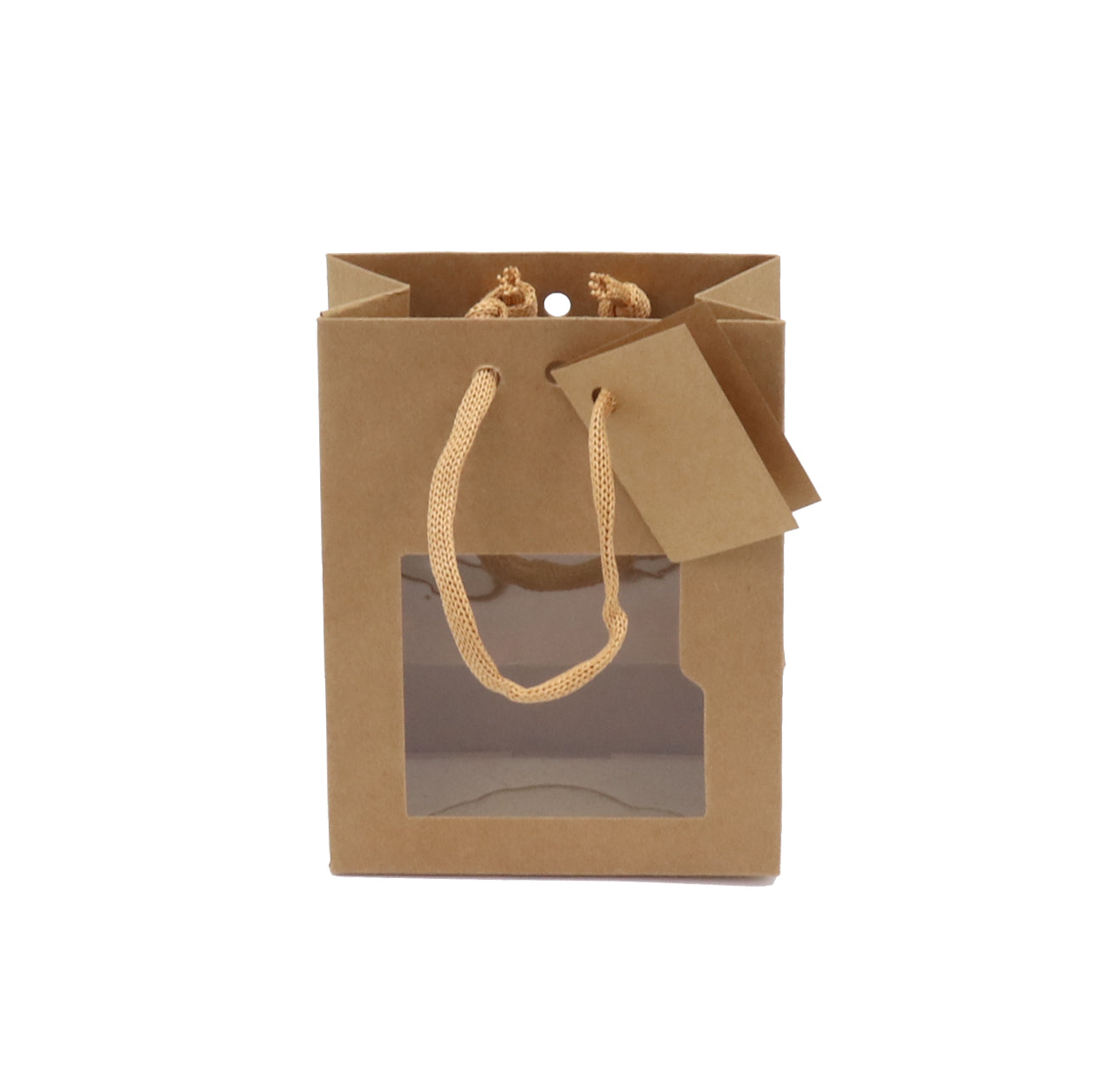 Sac vitrine vertical kraft brun avec fenêtre, 175 g/m², poignées cordelières et fond renforcé, carte cadeau incluse. Élégant et recyclable.