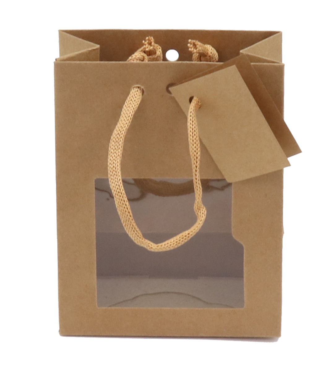 Sac vitrine vertical kraft brun avec fenêtre, 175 g/m², poignées cordelières et fond renforcé, carte cadeau incluse. Élégant et recyclable.
