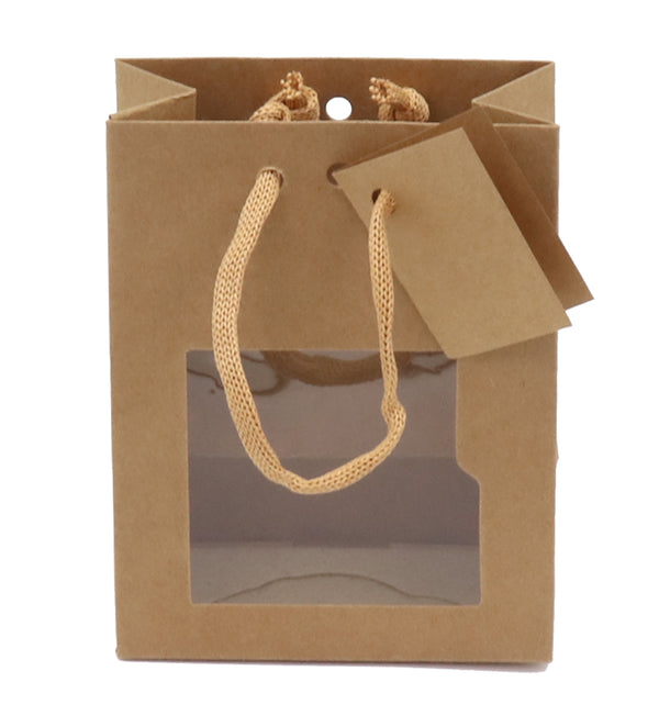 Sac vitrine vertical kraft brun avec fenêtre, 175 g/m², poignées cordelières et fond renforcé, carte cadeau incluse. Élégant et recyclable.