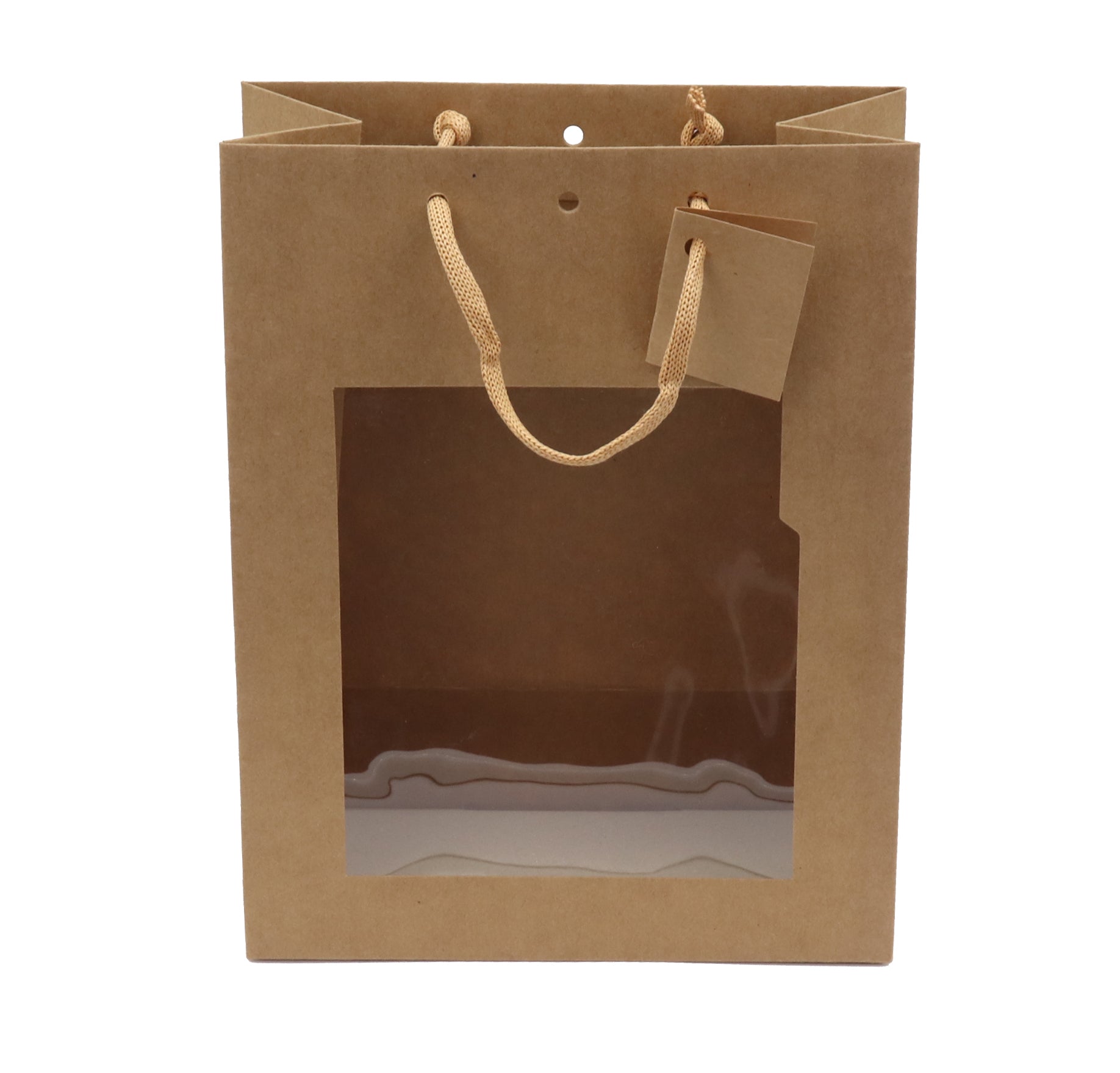 Sac vitrine vertical kraft brun avec fenêtre, 175 g/m², poignées cordelières et fond renforcé, carte cadeau incluse. Élégant et recyclable.