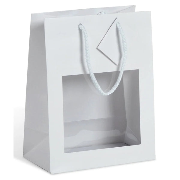 Sac vitrine pelliculé blanc avec fenêtre PET et poignées cordelières, format Small et Middle