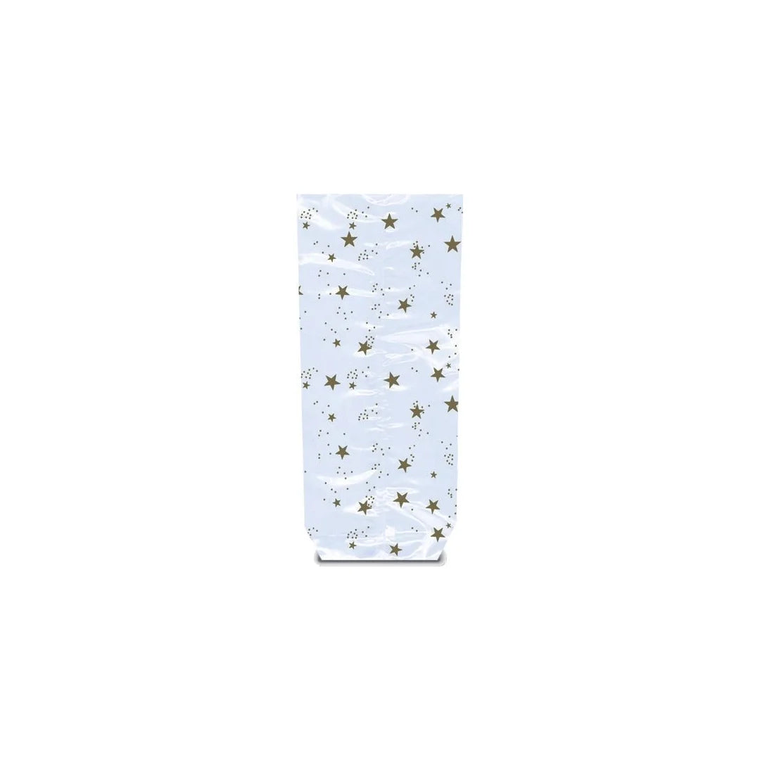 Sachet confiseur OPP transparent étoiles or fond carton, apte contact alimentaire, pour chocolatiers et confiseurs