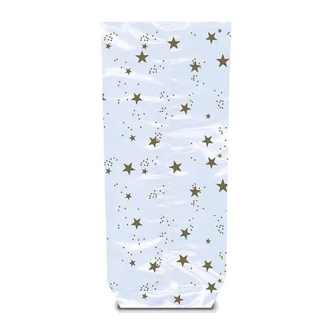 Sachet confiseur OPP transparent étoiles or fond carton, apte contact alimentaire, pour chocolatiers et confiseurs