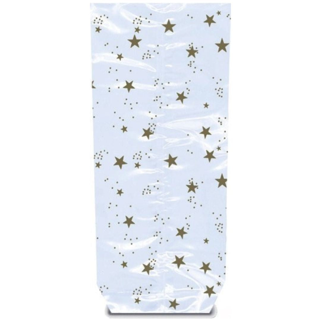 Sachet confiseur transparent à motifs étoiles or avec fond carton argenté – emballage alimentaire élégant et stable pour chocolats et confiseries