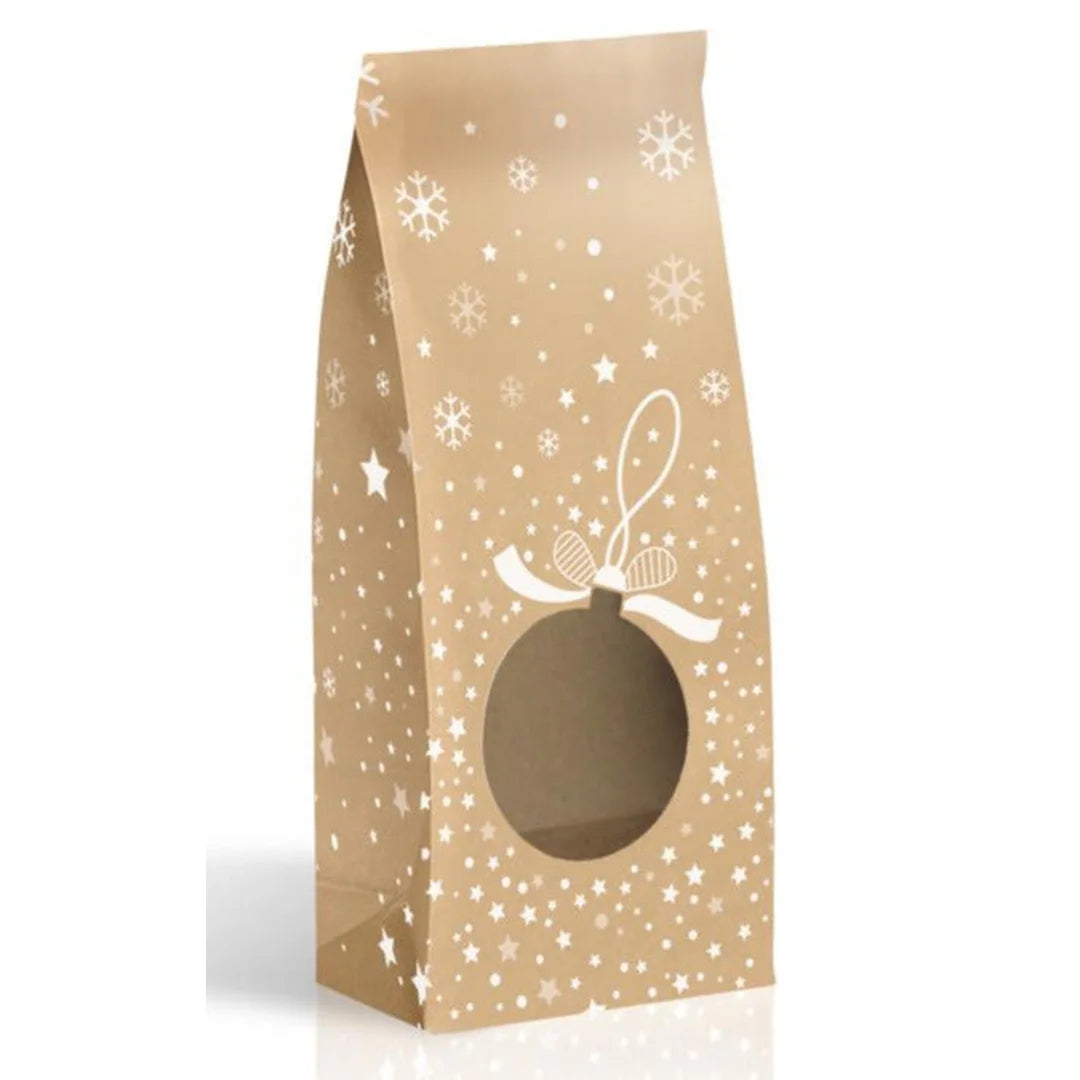 Sachet kraft Noël thermosoudable motif boules, doublé polypropylène, apte contact alimentaire, lot 100 pces