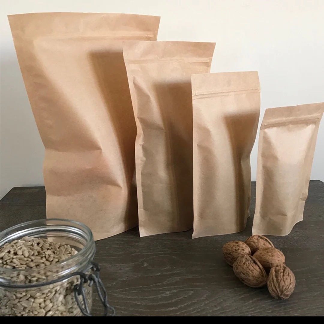 Sachets zip kraft alimentaires hermétiques en 4 formats de 250 à 1300 ml pour épicerie fine