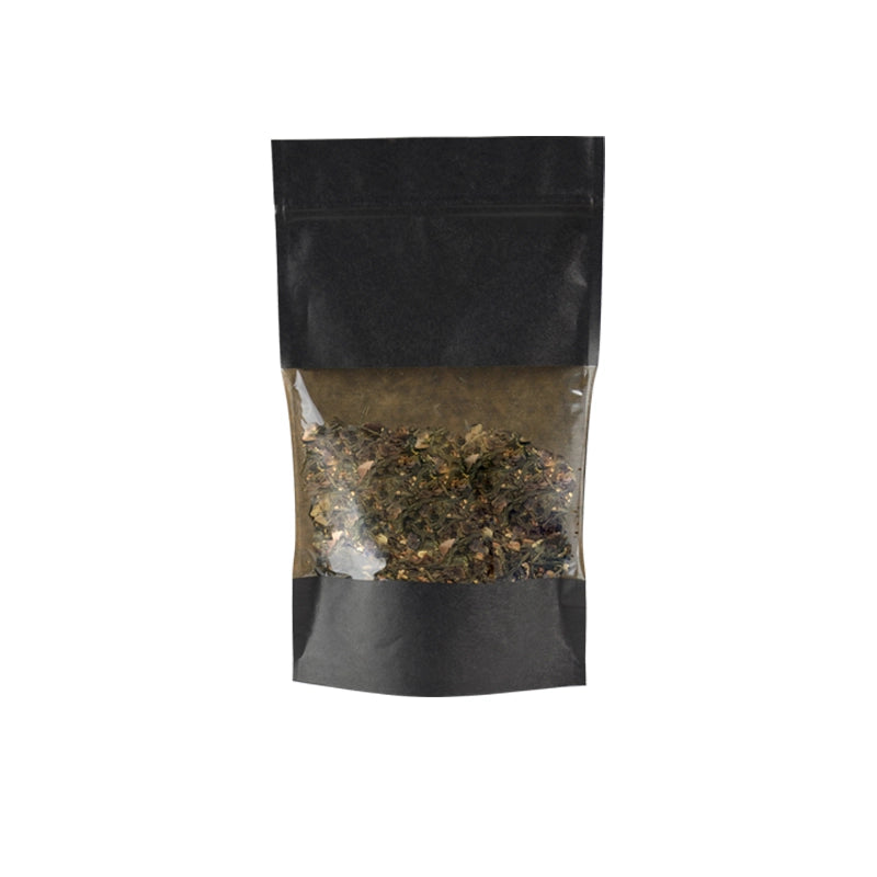 sachet zip noir hermétique avec fenêtre transparente, apte au contact alimentaire, idéal pour cafés, thés, épices, confiseries et produits secs ou gras