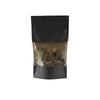 sachet zip noir hermétique avec fenêtre transparente, apte au contact alimentaire, idéal pour cafés, thés, épices, confiseries et produits secs ou gras