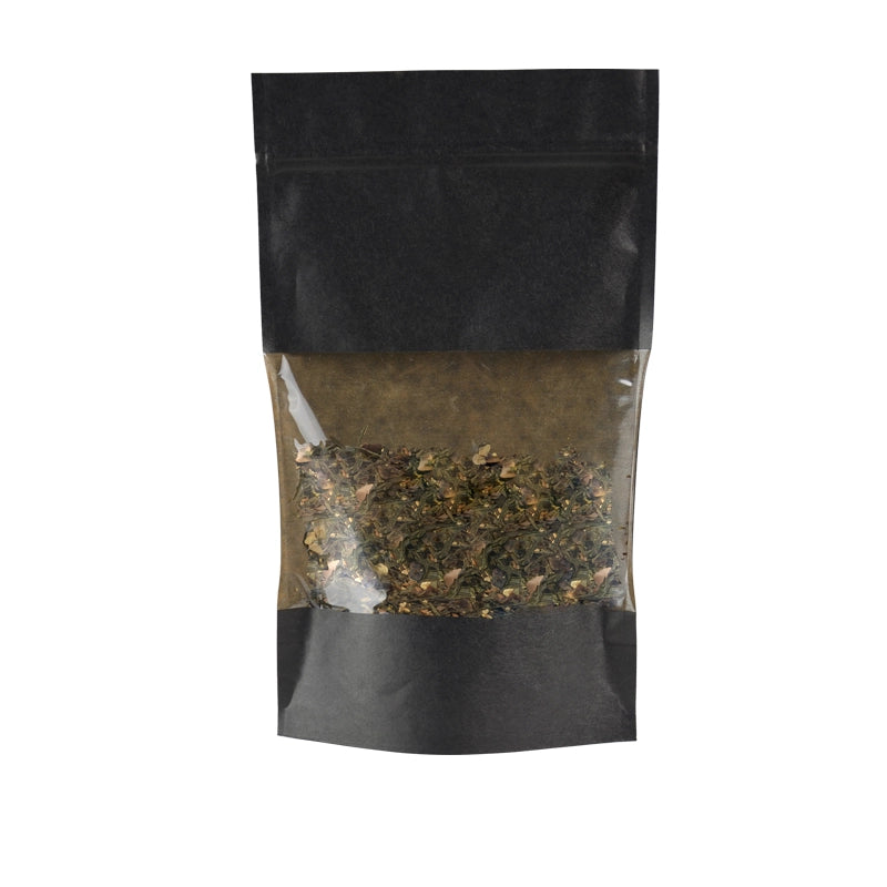 sachet zip noir hermétique avec fenêtre transparente, apte au contact alimentaire, idéal pour cafés, thés, épices, confiseries et produits secs ou gras