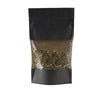 sachet zip noir hermétique avec fenêtre transparente, apte au contact alimentaire, idéal pour cafés, thés, épices, confiseries et produits secs ou gras