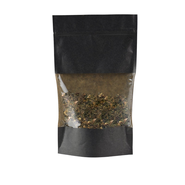 sachet zip noir hermétique avec fenêtre transparente, apte au contact alimentaire, idéal pour cafés, thés, épices, confiseries et produits secs ou gras