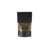 sachet zip noir hermétique avec fenêtre transparente, apte au contact alimentaire, idéal pour cafés, thés, épices, confiseries et produits secs ou gras