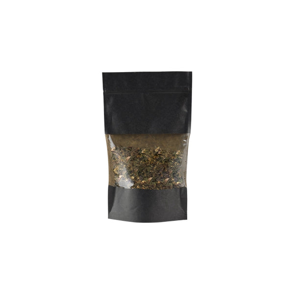 sachet zip noir hermétique avec fenêtre transparente, apte au contact alimentaire, idéal pour cafés, thés, épices, confiseries et produits secs ou gras