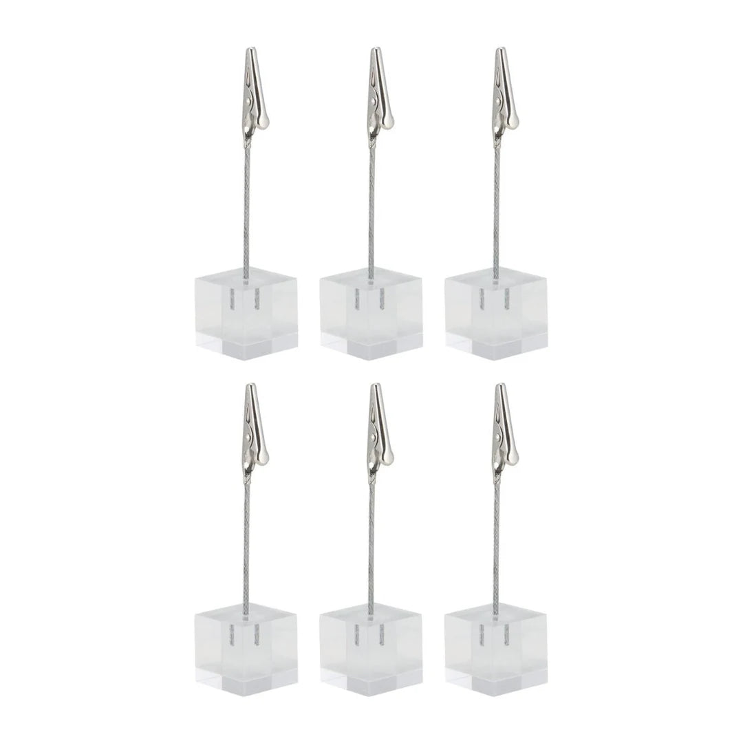 Lot de 6 socles acryliques avec pince métal pour ardoise ou carton d'information, base transparente 2,5 x 2,5 x H 10,5 cm