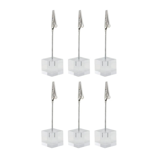 Lot de 6 socles acryliques avec pince métal pour ardoise ou carton d'information, base transparente 2,5 x 2,5 x H 10,5 cm