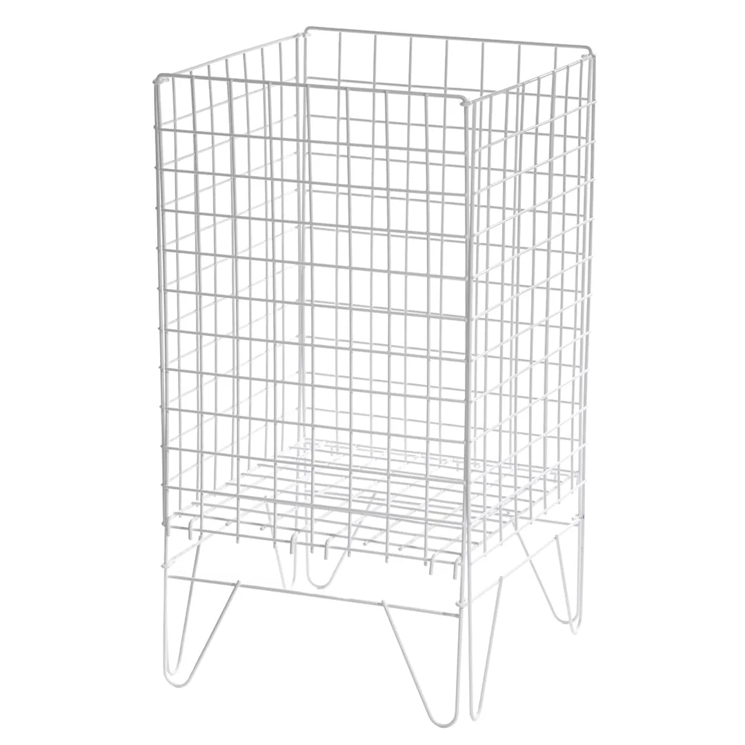 Soldeur corbeille pliable en métal laqué blanc mat 75×43 cm, fond réglable, bac promotionnel pour magasin