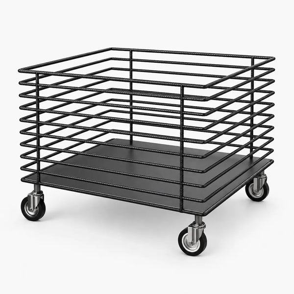 Grand soldeur panier bas à roulettes avec plateau en tôle, structure métal Ø 6 mm, 60 × 60 × 62 cm