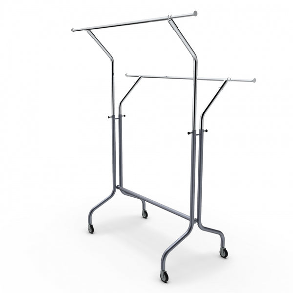 Portant à double barre réglable en hauteur –  tube rond Ø35 mm chromé, robuste et mobile pour magasins et showrooms