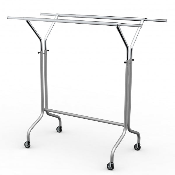 Portant à double barre réglable en hauteur –  tube rond Ø35 mm chromé, robuste et mobile pour magasins et showrooms