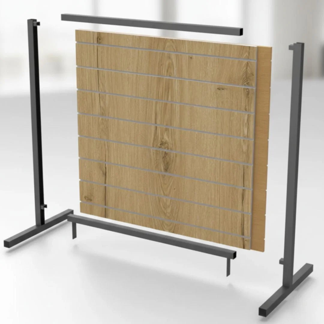 Structure de gondole pour panneaux rainurés coloris noir, dimensions 120 × 145 × 70 cm, usage îlot ou contre-mur