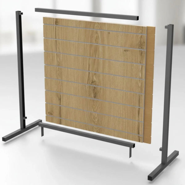 Structure de gondole pour panneaux rainurés coloris noir, dimensions 120 × 145 × 70 cm, usage îlot ou contre-mur