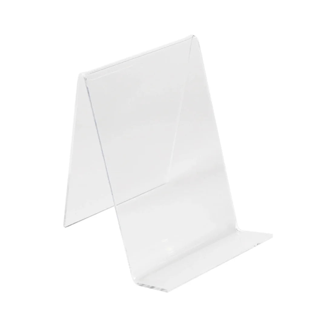 Support acrylique transparent pour livre posé sur comptoir de boutique — bords polis, angle d'inclinaison optimisé