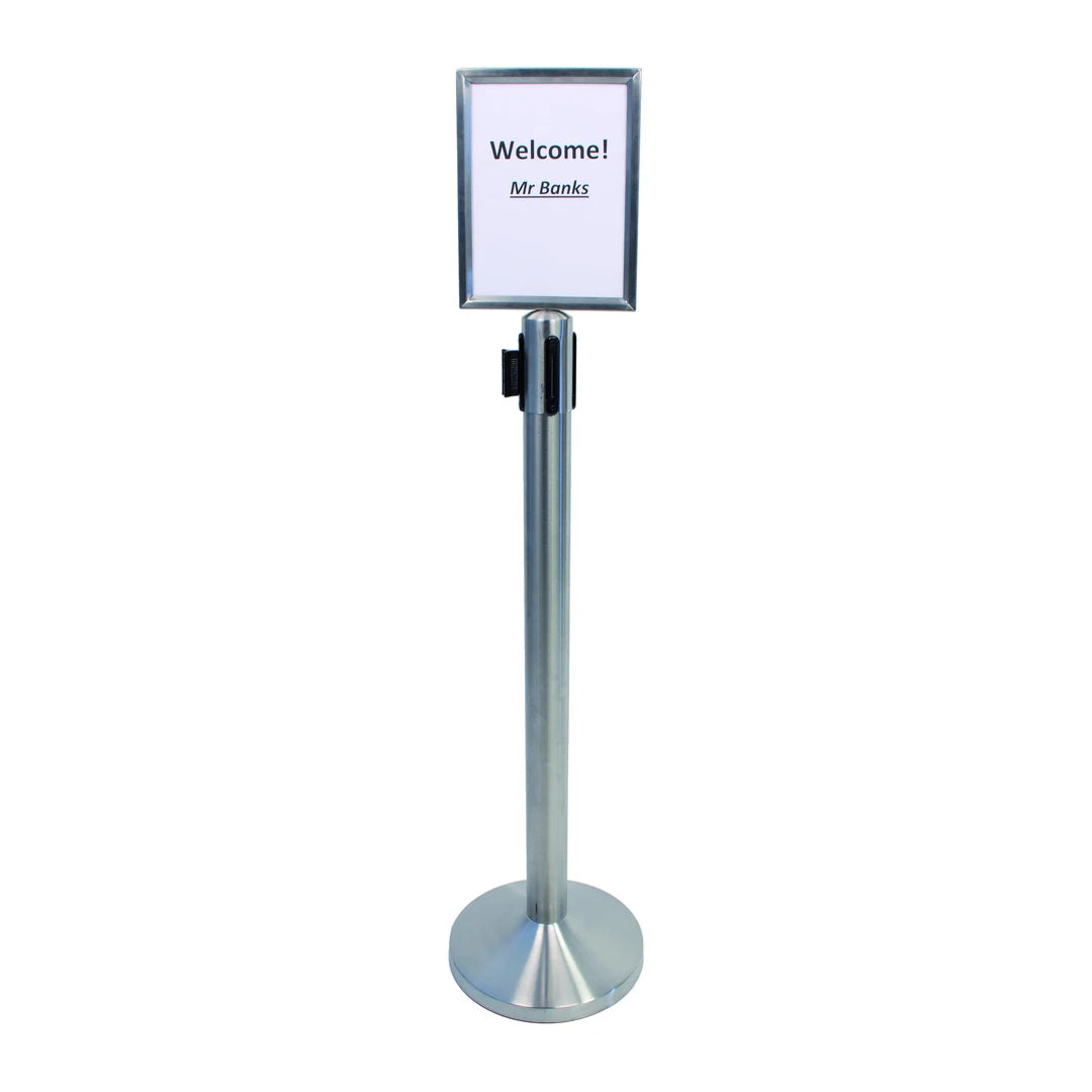 Support d'affichage A4 monté sur poteau de guidage à corde rétractable, finition inox brossé