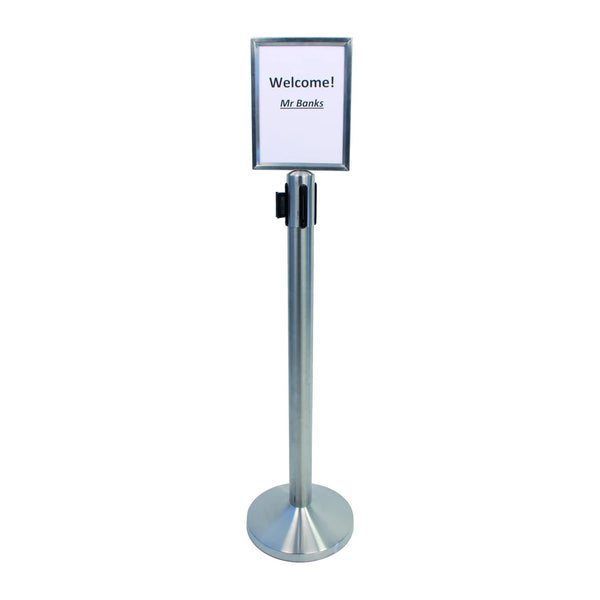 Support d'affichage A4 monté sur poteau de guidage à corde rétractable, finition inox brossé