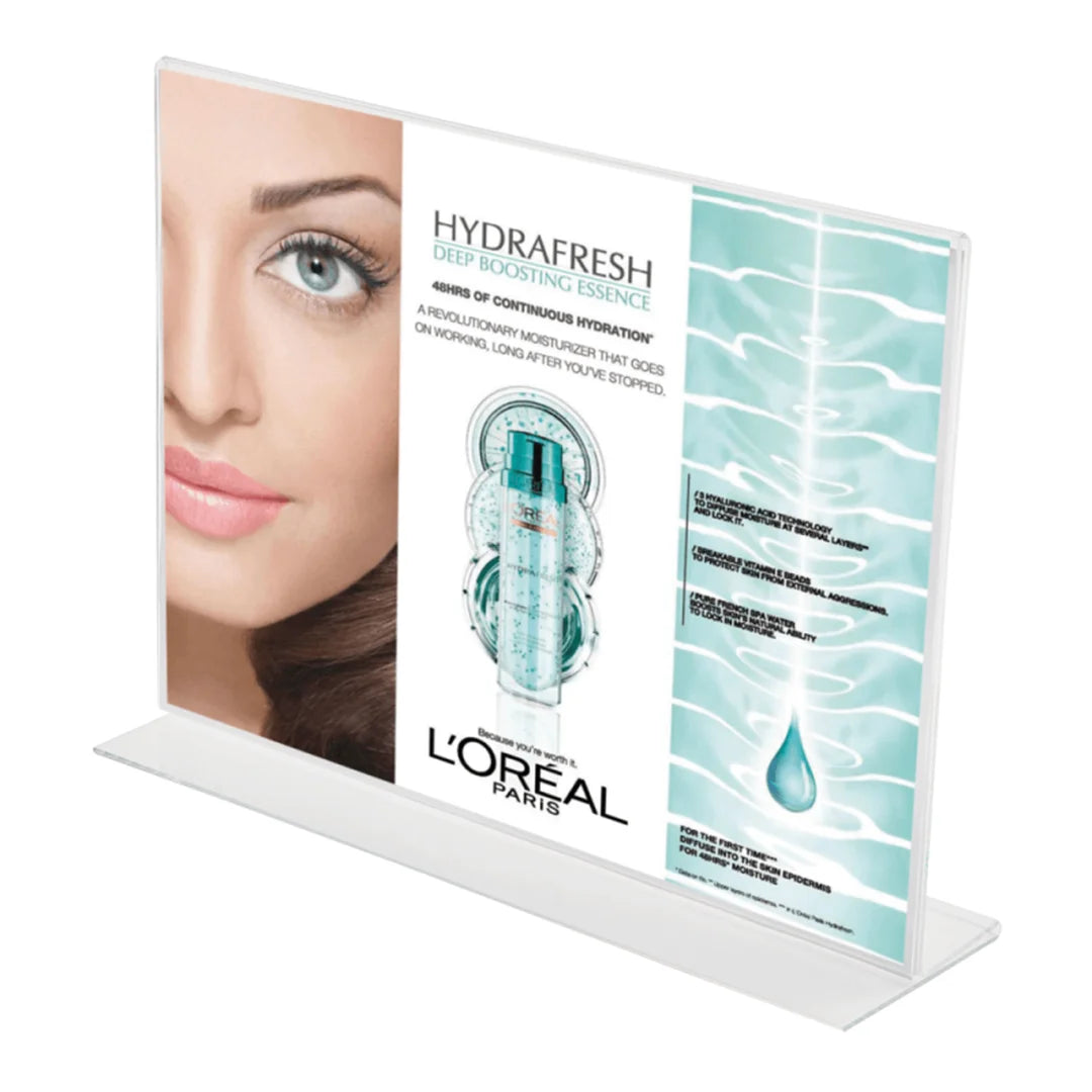 Support d'affichage horizontal double face en acrylique pour feuille A4 à A7, vue de face