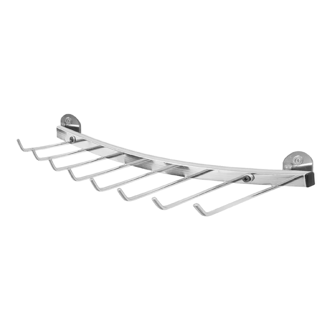 Support mural courbe chromé avec 8 tiges pour présenter des ceintures en boutique, largeur 50 cm