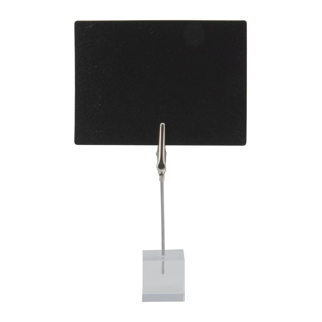 Socle acrylique transparent avec pince métal pour maintenir une ardoise sur table ou comptoir en magasin