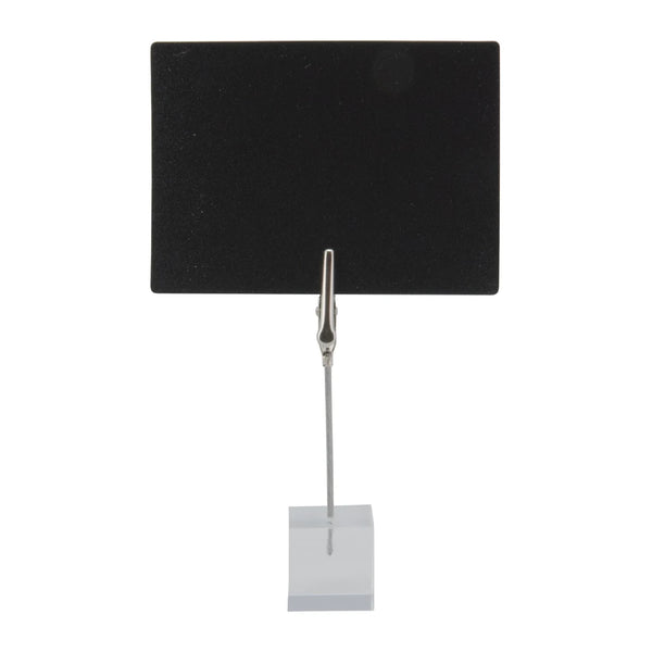Socle acrylique transparent avec pince métal pour maintenir une ardoise sur table ou comptoir en magasin