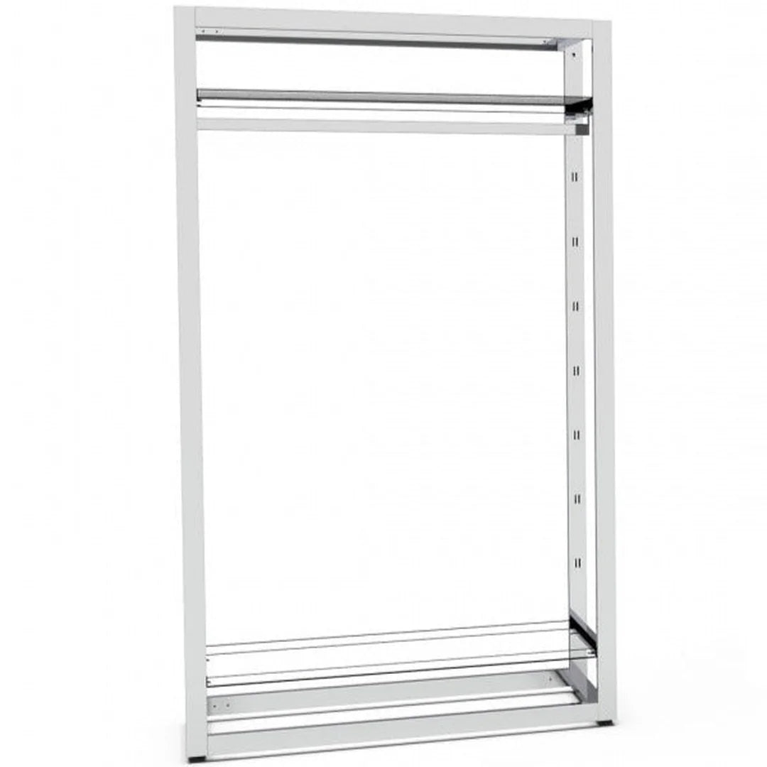 Système Bigshop H185 cm largeur 107 cm, configuration 2 rayons et 1 barre penderie, finition chromée