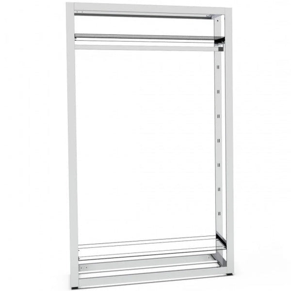Système Bigshop H185 cm largeur 107 cm, configuration 2 rayons et 1 barre penderie, finition chromée