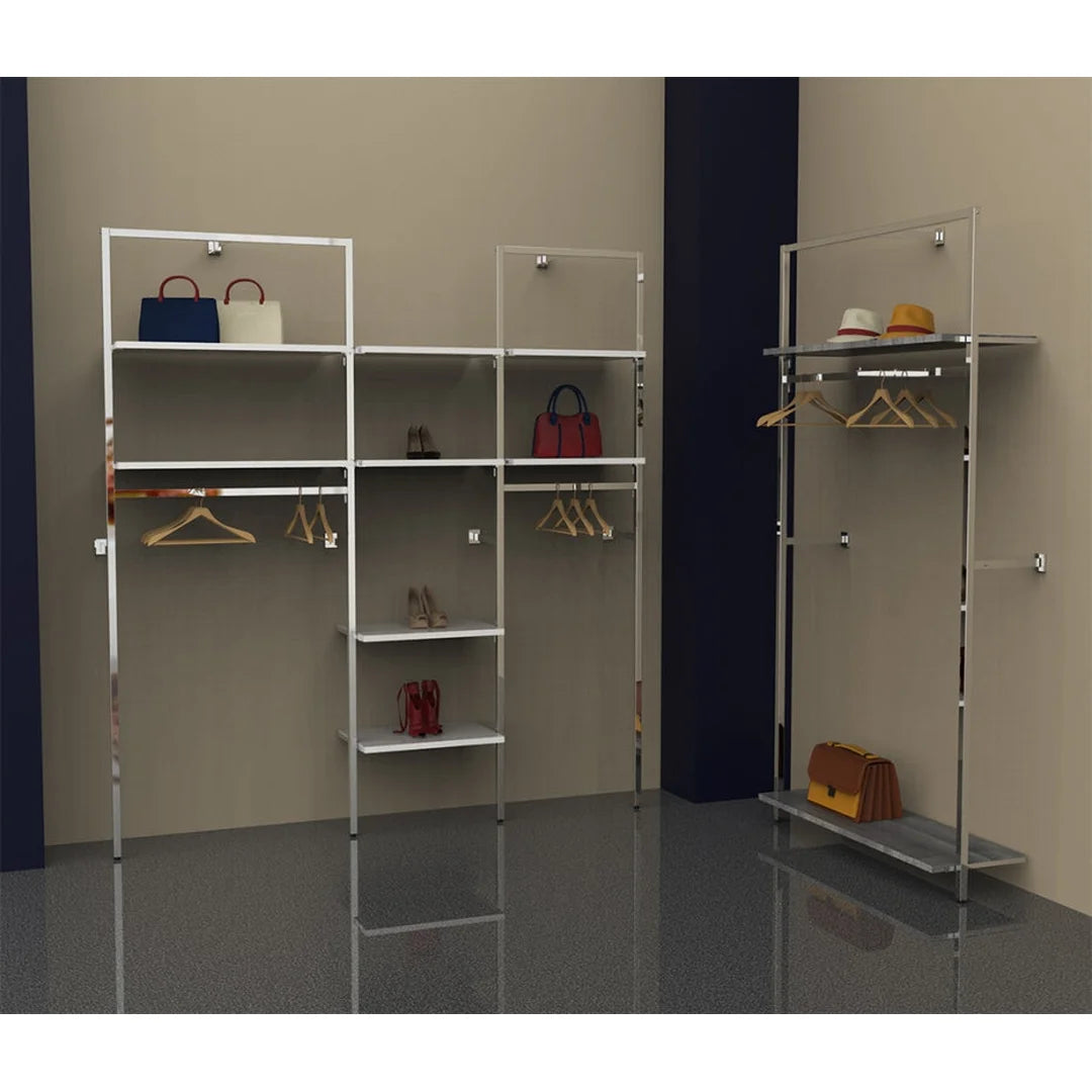 Système mural Triplo H 240 cm largeur 107,2 cm finition chromé, agencement magasin professionnel