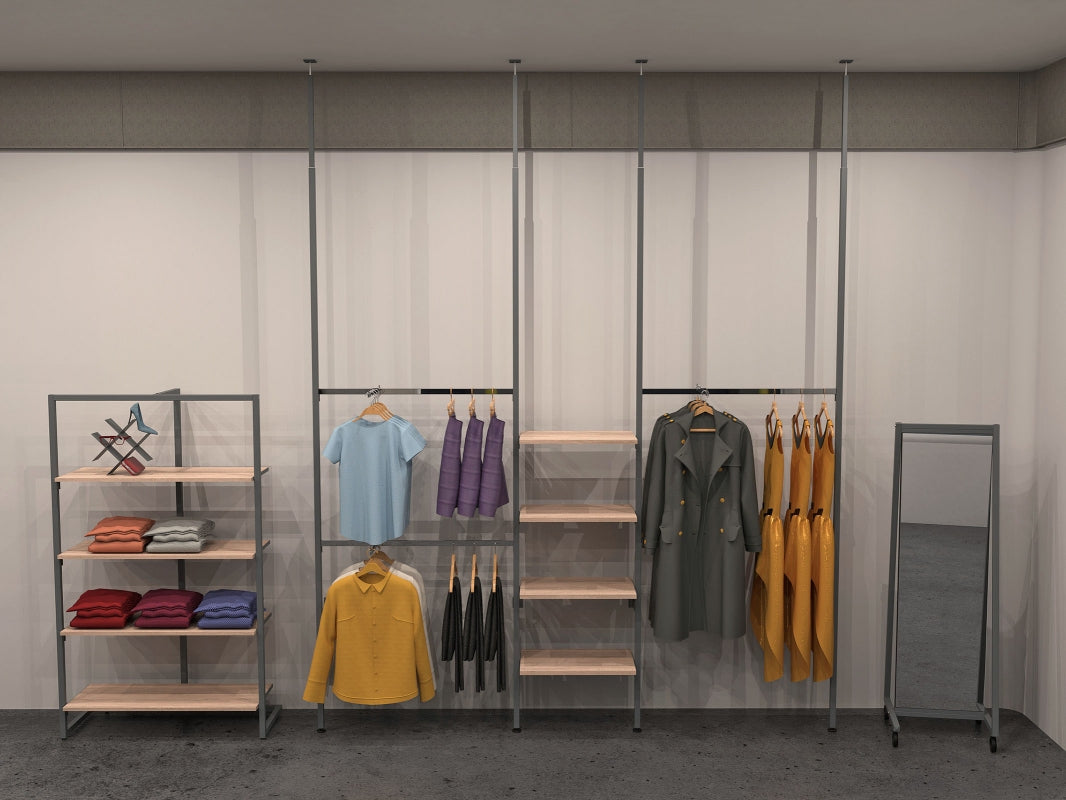 Système d’agencement sol-plafond Triplo H297 cm en acier, structure réglable 30×30 mm pour aménagement de boutique professionnel