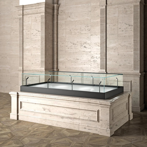 Table vitrée à poser pour musée, verre trempé 8 mm, éclairage LED 4000 K, coloris noir, avec serrures
