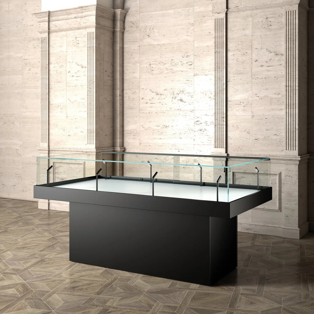 Table vitrée sur pied pour musée en verre trempé 8 mm, éclairage LED 4000 K, couleur noire, avec serrure