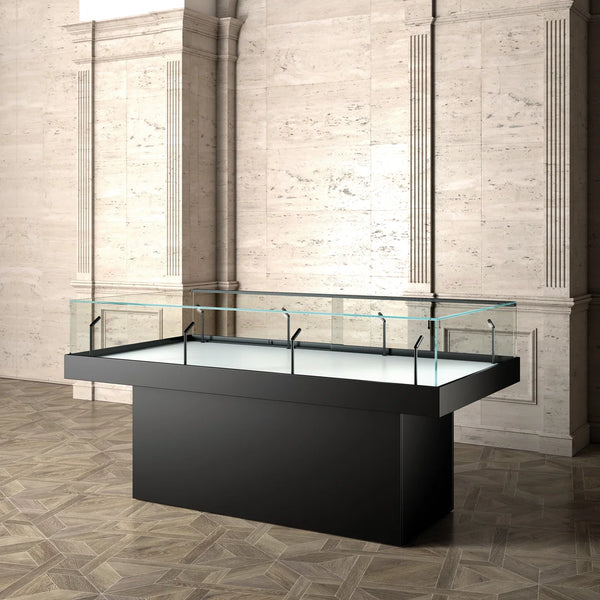 Table vitrée sur pied pour musée en verre trempé 8 mm, éclairage LED 4000 K, couleur noire, avec serrure