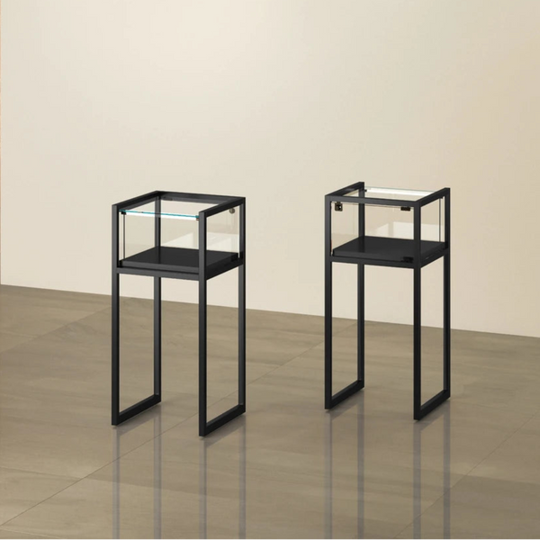 Table vitrine noire TM-45T en verre sécurisée pour exposition de produits premium.