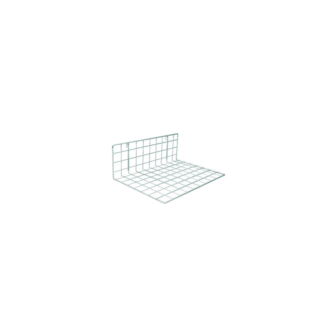 Tablette en grille acier forme L pour grille Ø 25 mm, présentation en boutique