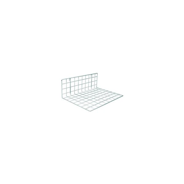 Tablette en grille acier forme L pour grille Ø 25 mm, présentation en boutique