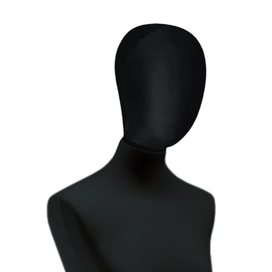 Tête femme noire pour buste de couture Vetrina, jersey noir et bague de fixation en bois